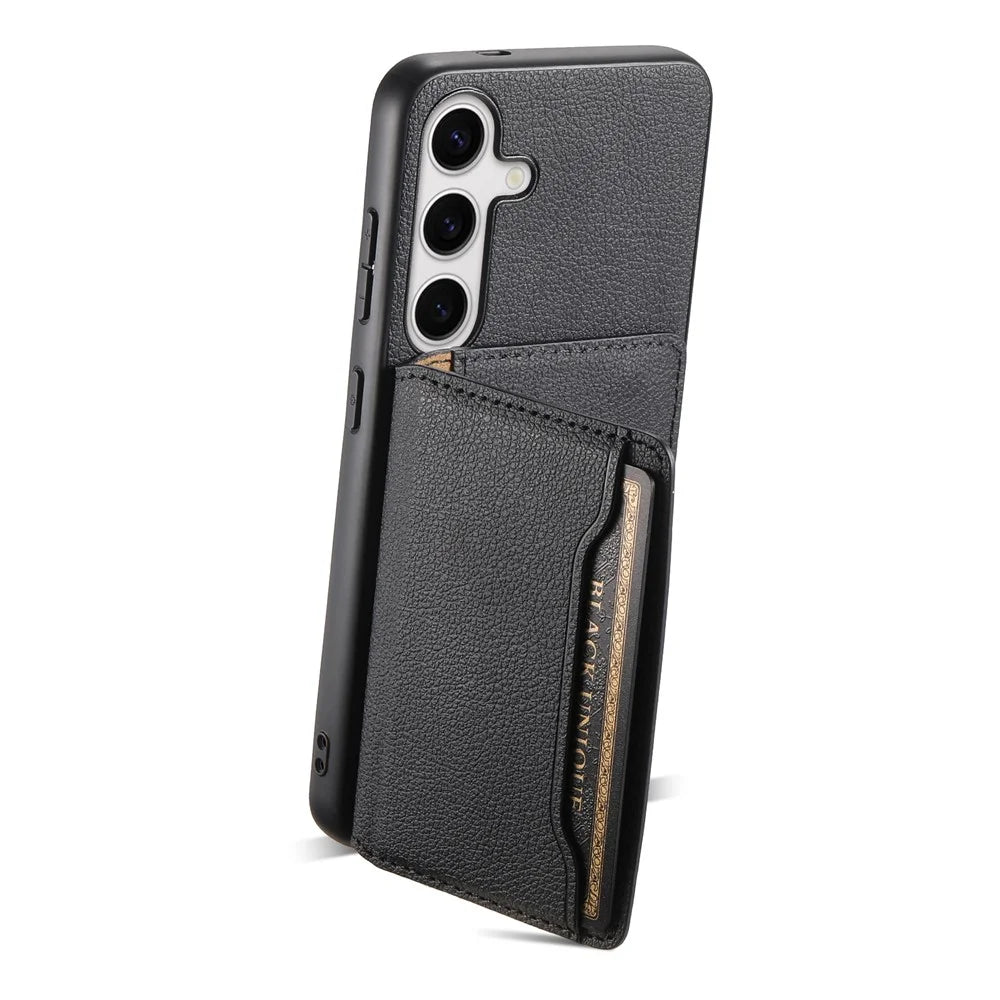 For Samsung Galaxy S25 Case with Card Slots Kickstand Calf Texture Leather Phone Back Cover - Black - 3