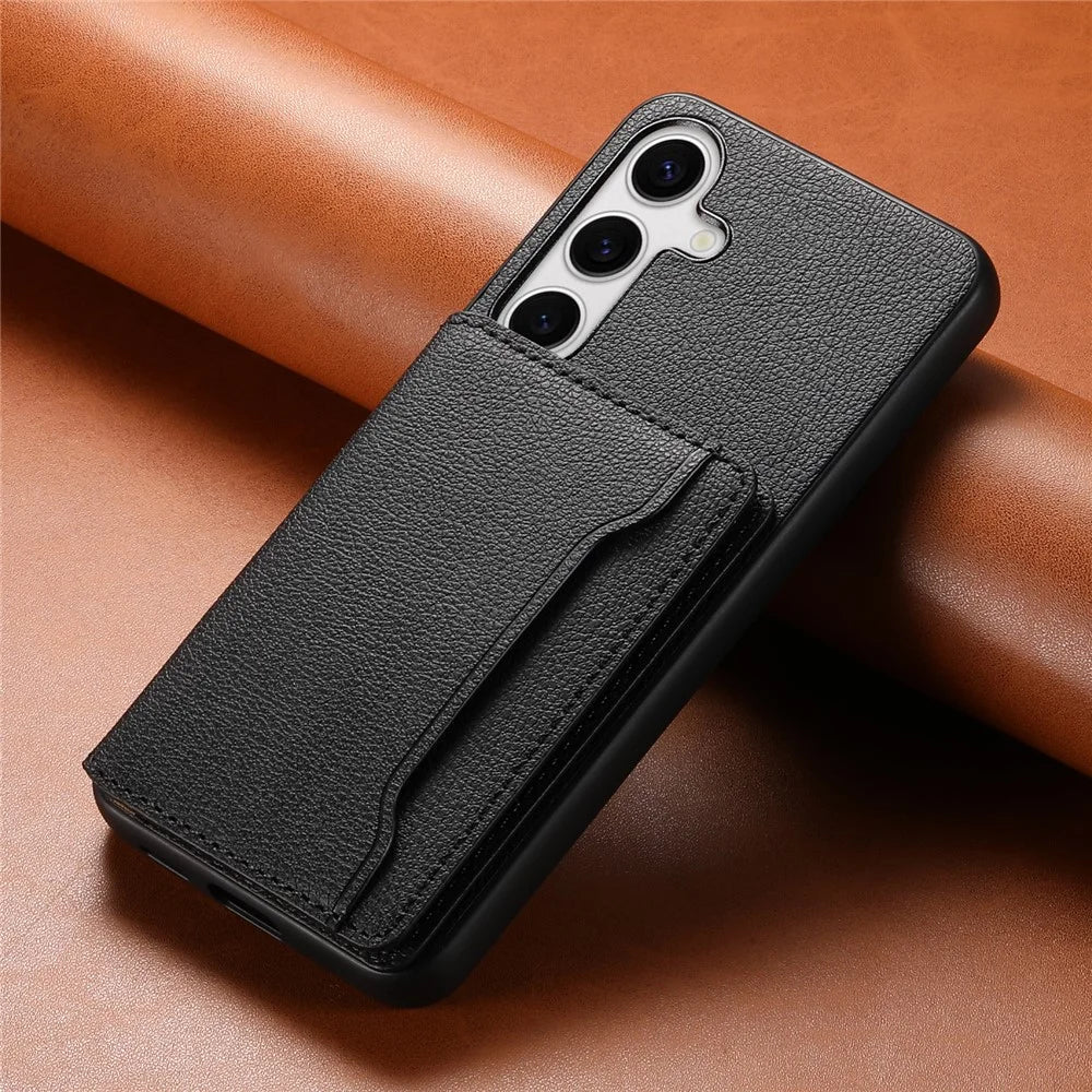 For Samsung Galaxy S25 Case with Card Slots Kickstand Calf Texture Leather Phone Back Cover - Black - 6