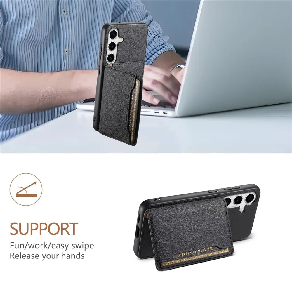 For Samsung Galaxy S25+ Case with Card Slots Kickstand Calf Texture Leather Phone Back Cover - Black - 5