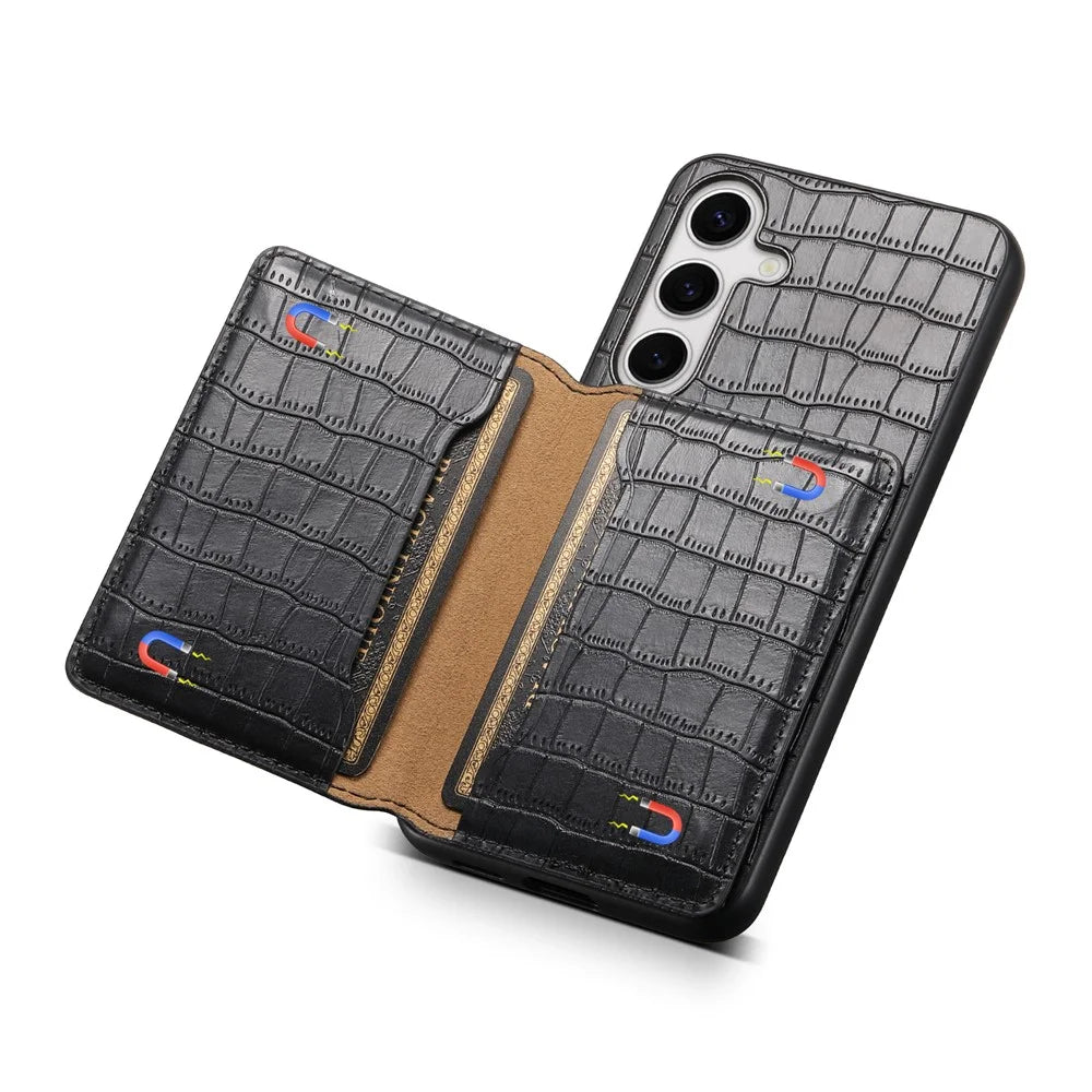 For Samsung Galaxy S25 Case Card Holder Kickstand Crocodile Texture Leather Back Phone Cover - Black - 2