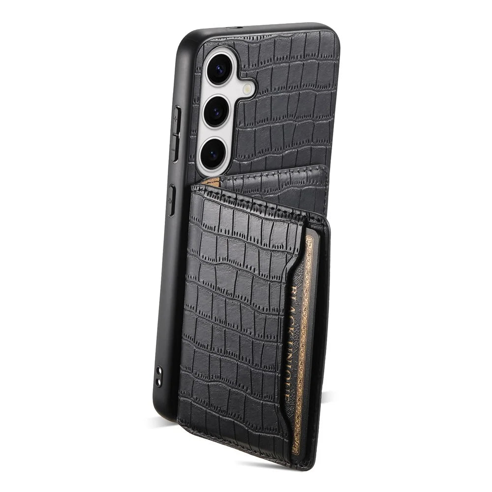 For Samsung Galaxy S25 Case Card Holder Kickstand Crocodile Texture Leather Back Phone Cover - Black - 3