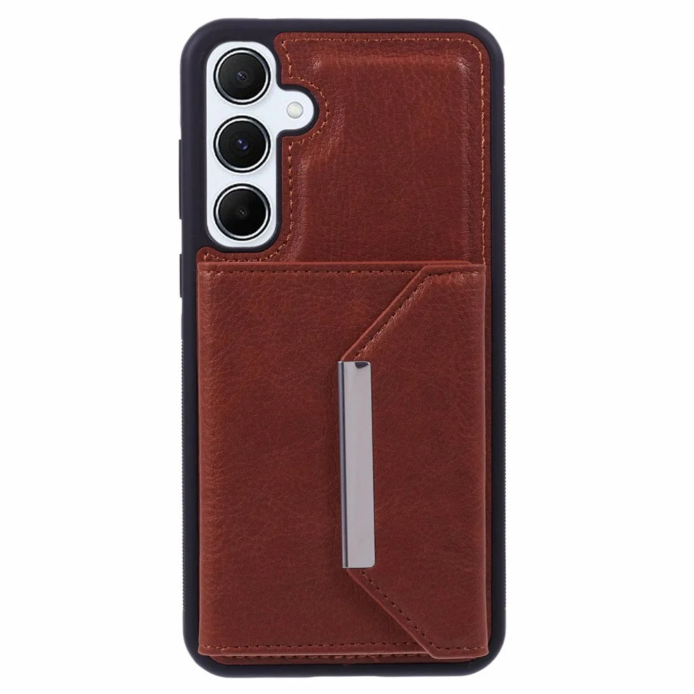 For Samsung Galaxy S25+ Case Card Bag Kickstand TPU + PU Phone Cover - Brown - 2