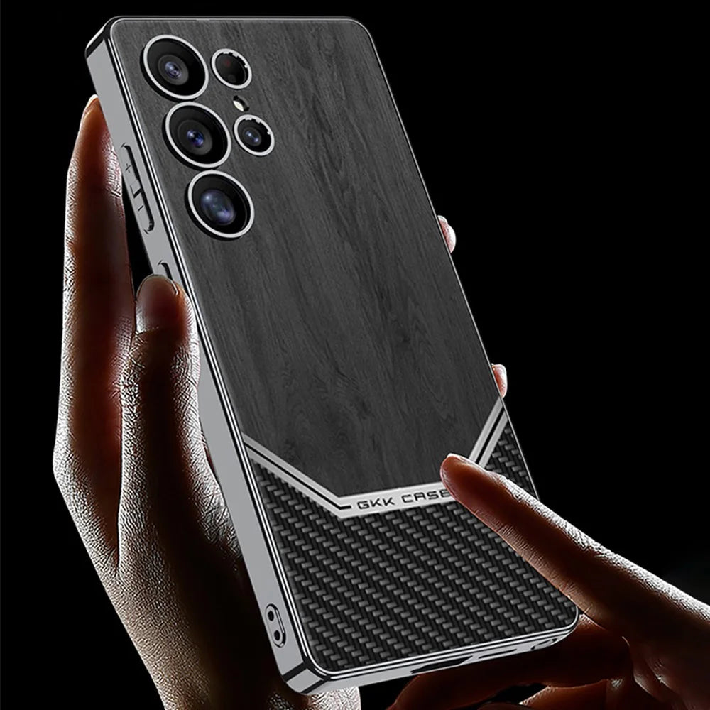 GKK For Samsung Galaxy S25 Ultra Case Electroplated PC TPU PU Leather Phone Cover Wood Grain - Black - 2