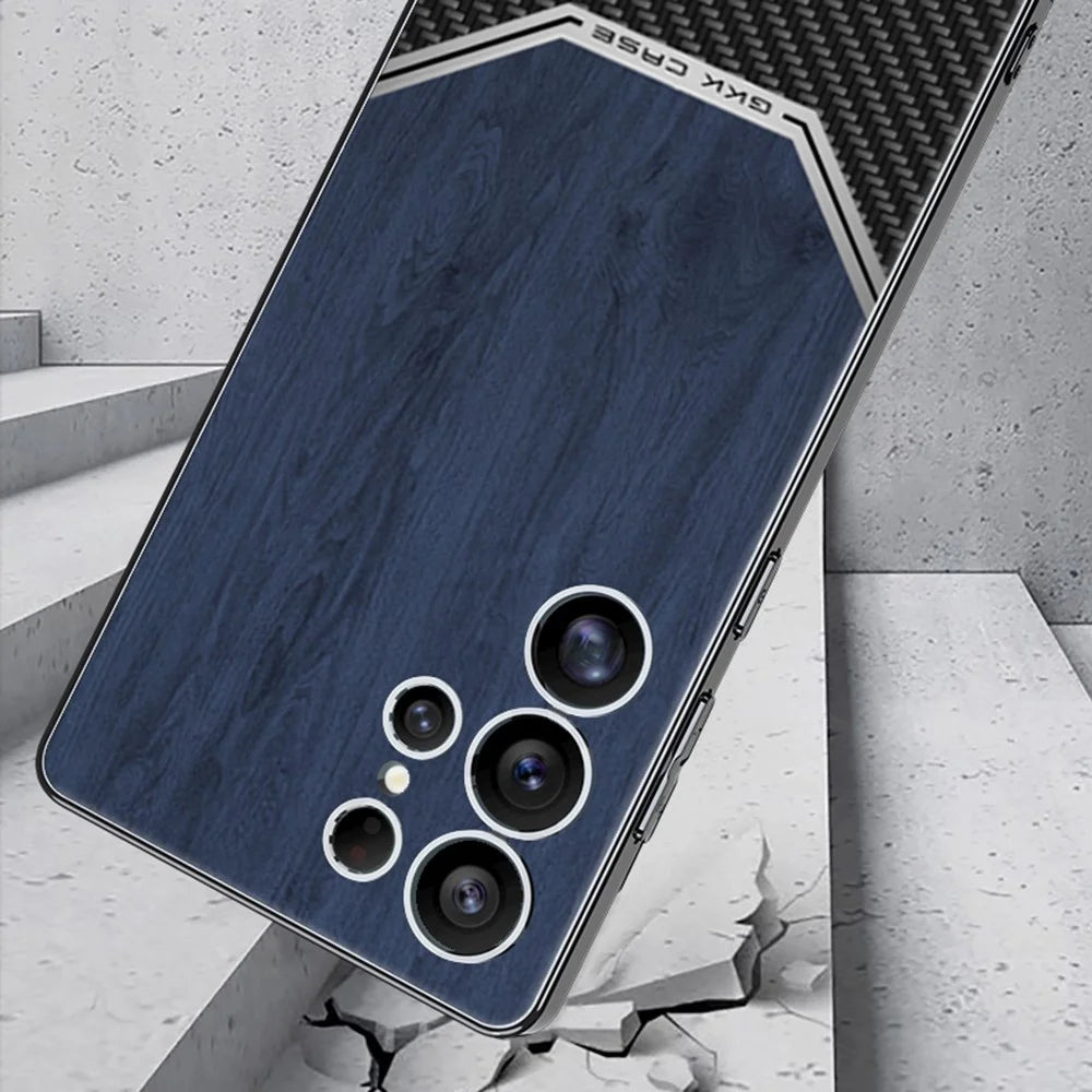GKK For Samsung Galaxy S25 Ultra Case Electroplated PC TPU PU Leather Phone Cover Wood Grain - Black - 4