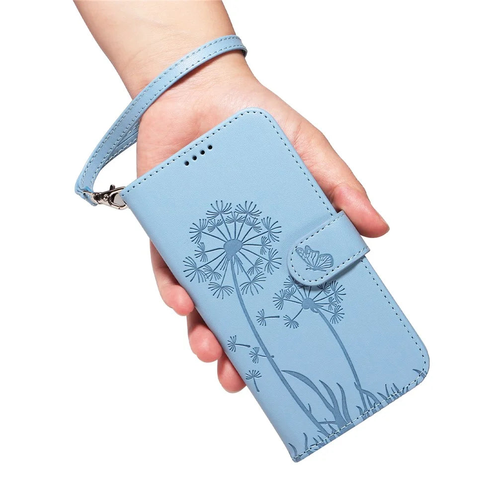 For Samsung Galaxy A55 5G Leather Case Wallet Phone Cover Dandelion Imprint - Sky Blue - 5
