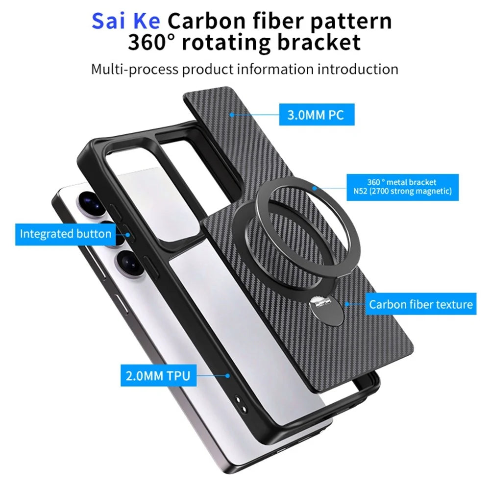 For Samsung Galaxy S25 Ultra Phone Case with Magnetic Kickstand TPU + PC Carbon Fiber Back Cover - Black - 3