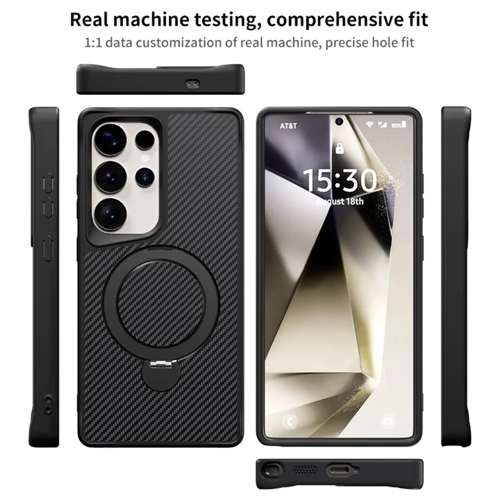 For Samsung Galaxy S25 Ultra Phone Case with Magnetic Kickstand TPU + PC Carbon Fiber Back Cover - Black - 7