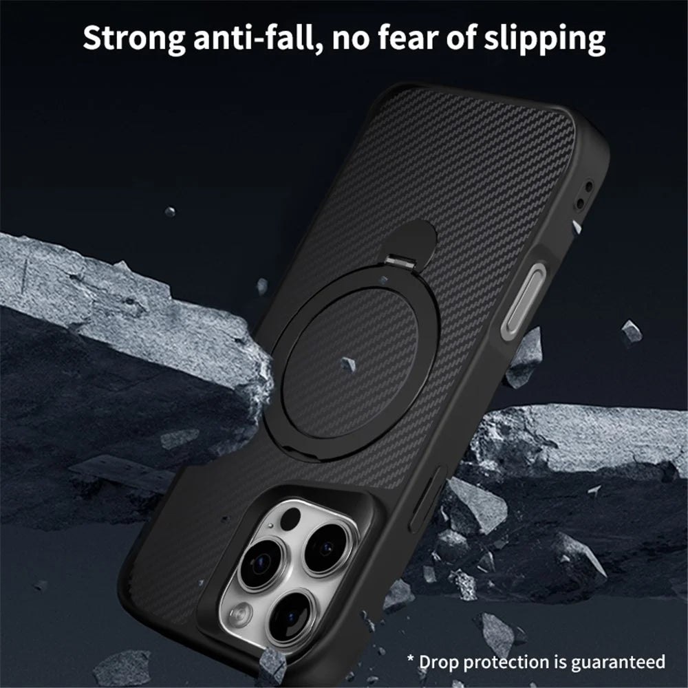 For iPhone 15 Pro Max Phone Case with Magnetic Kickstand TPU + PC Carbon Fiber Back Cover - Black - 5