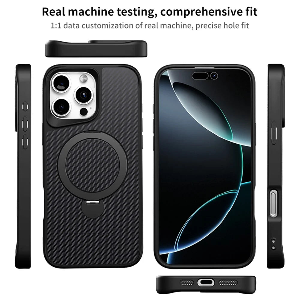 For iPhone 15 Pro Max Phone Case with Magnetic Kickstand TPU + PC Carbon Fiber Back Cover - Black - 6