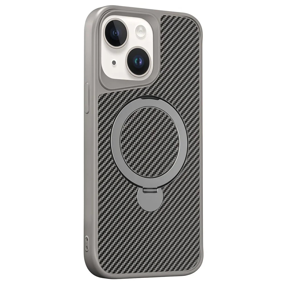 For iPhone 14 Phone Case with Magnetic Kickstand TPU + PC Carbon Fiber Back Cover - Grey - 1