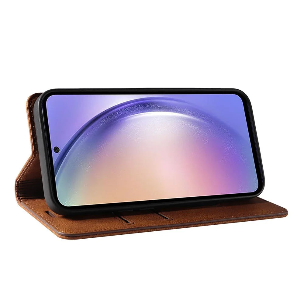 For Samsung Galaxy S25 Case Wristband Design Stand Magnetic Leather Phone Wallet Cover - Brown - 3
