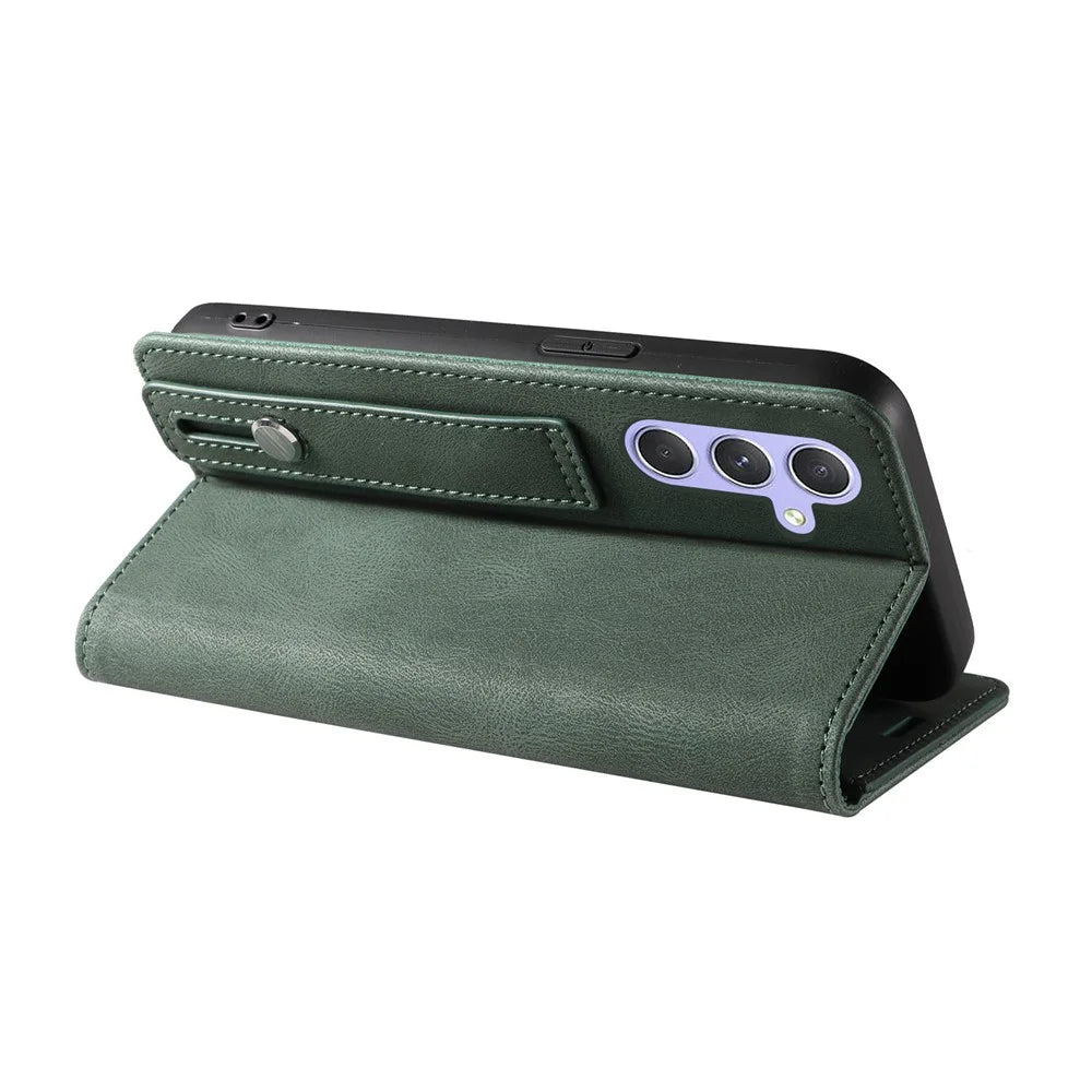 For Samsung Galaxy S25+ Case Wristband Design Stand Magnetic Leather Phone Wallet Cover - Green - 3