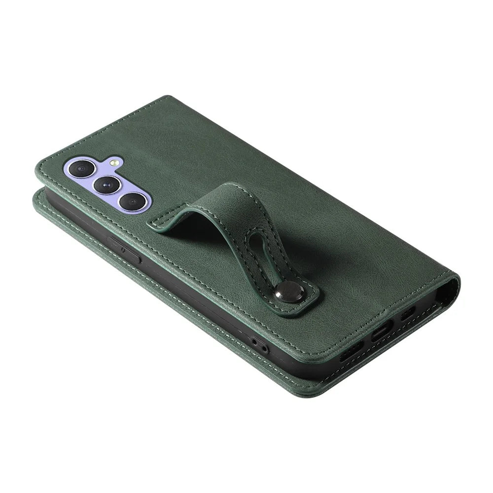 For Samsung Galaxy S25+ Case Wristband Design Stand Magnetic Leather Phone Wallet Cover - Green - 5