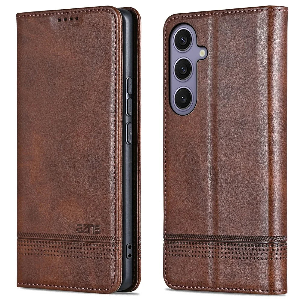 AZNS For Samsung Galaxy A56 5G Case Cowhide Texture PU Leather Wallet Phone Cover - Coffee - 1