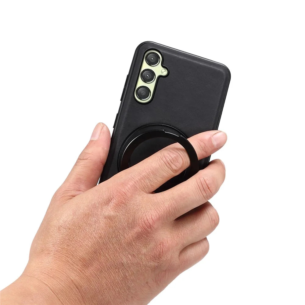 DENIOR A14 For Samsung Galaxy A25 5G (Global) (161.0 x 76.5 x 8.3mm) Magnetic Case Rotary Kickstand Leather PC TPU Phone Cover - Black - 5