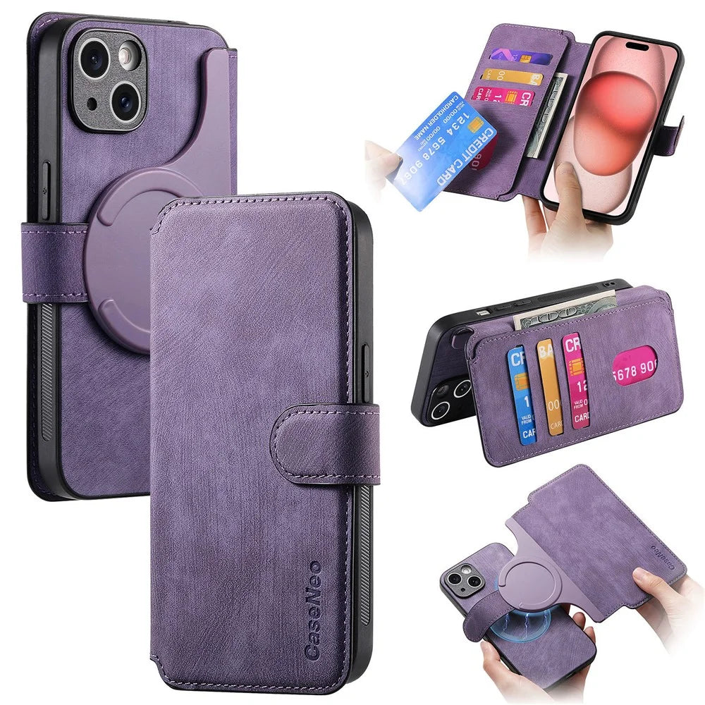 CASENEO For iPhone 14 Plus Magnetic Case  Detachable Leather Phone Wallet Cover - Purple - 1