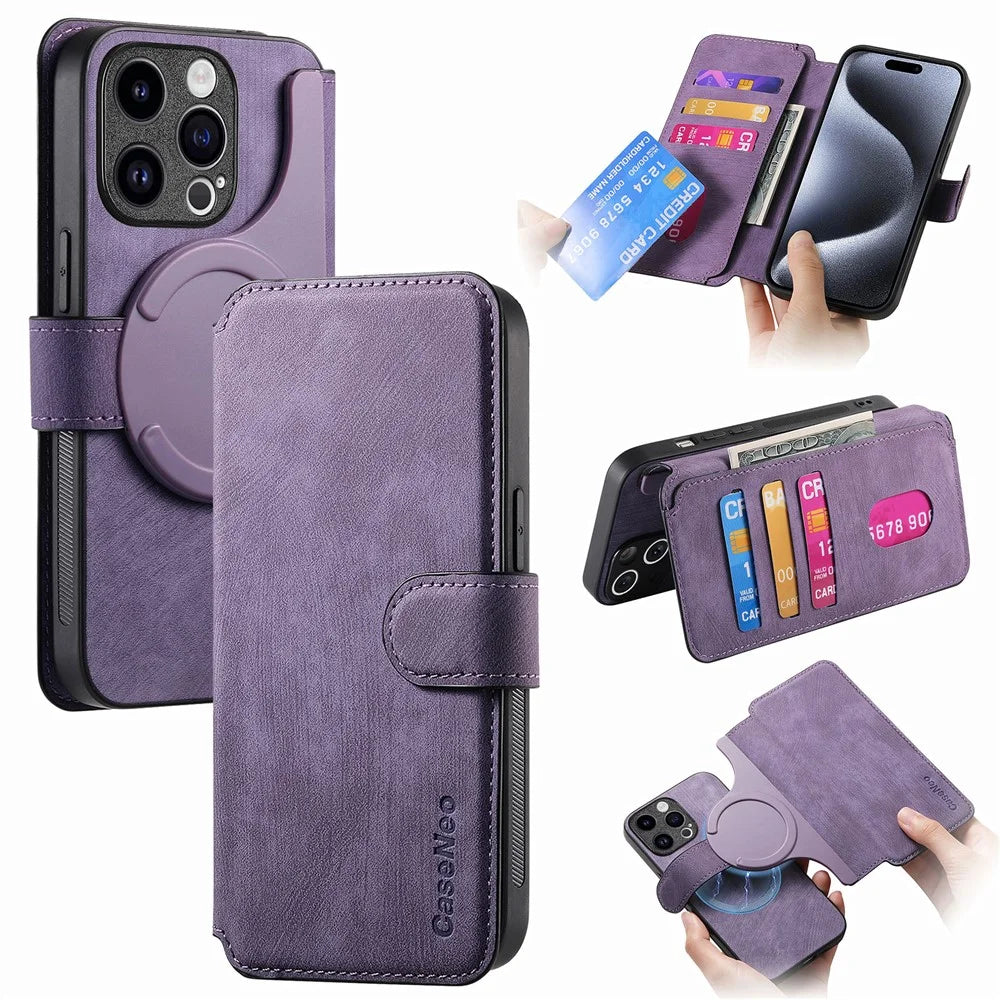 CASENEO For iPhone 15 Pro Max Magnetic Case  Detachable Leather Phone Wallet Cover - Purple - 1
