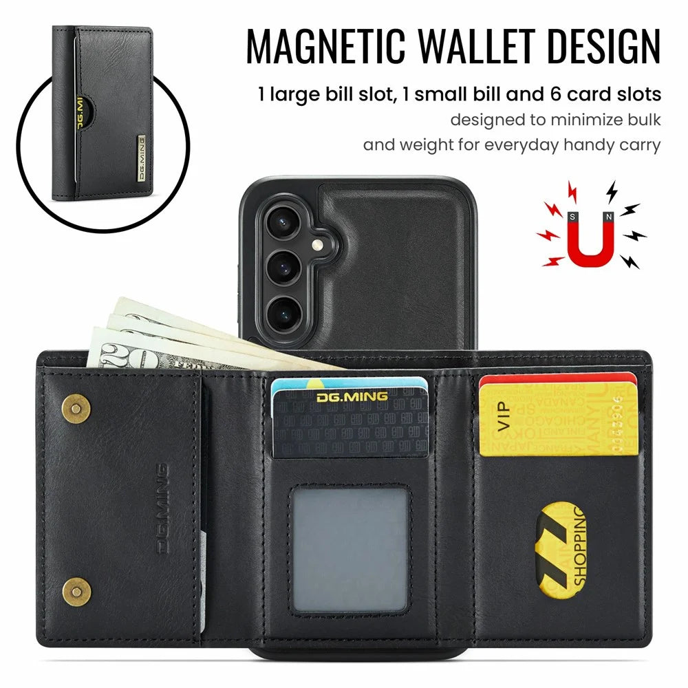 DG.MING M6 Series For Samsung Galaxy S24 FE Case Magnetic Wallet PU + PC + TPU Phone Cover - Black - 6