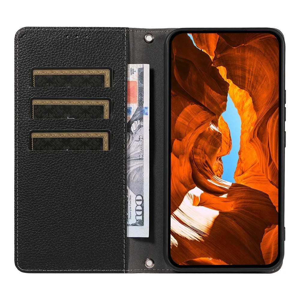 For Samsung Galaxy S25+ Case Magnetic Litchi Texture Wallet Leather Phone Cover with Wrist Strap - Black - 2