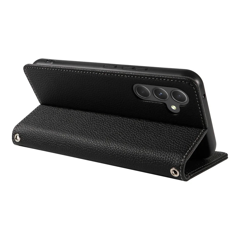 For Samsung Galaxy S25+ Case Magnetic Litchi Texture Wallet Leather Phone Cover with Wrist Strap - Black - 4