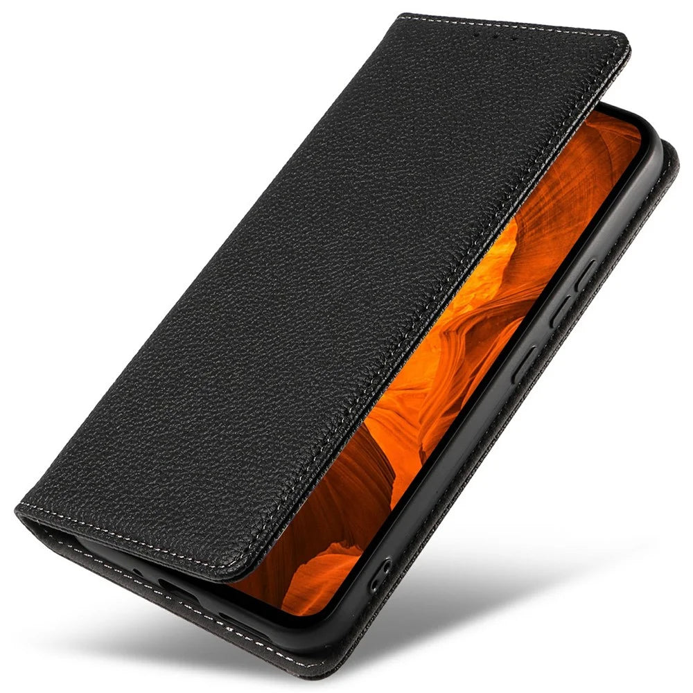 For Samsung Galaxy S25+ Case Magnetic Litchi Texture Wallet Leather Phone Cover with Wrist Strap - Black - 5