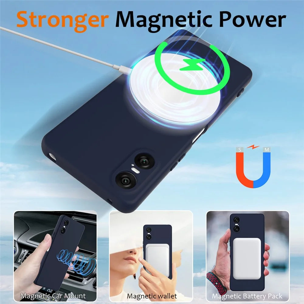 For Sony Xperia 10 VI Magnetic Case Anti-Drop Liquid Silicone Phone Cover with Lanyard - Dark Blue - 4