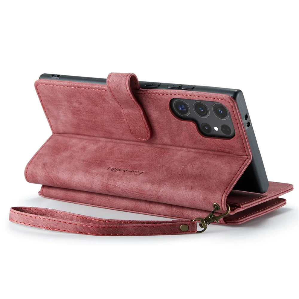 CASEME For Samsung Galaxy S25 Ultra Phone Cases with Strap  C30 Zipper Multiple Card Holder PU Leather Cover - Red - 3