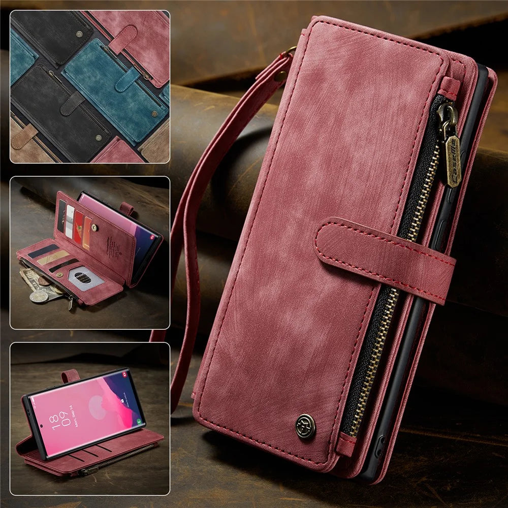 CASEME For Samsung Galaxy S25 Ultra Phone Cases with Strap  C30 Zipper Multiple Card Holder PU Leather Cover - Red - 5