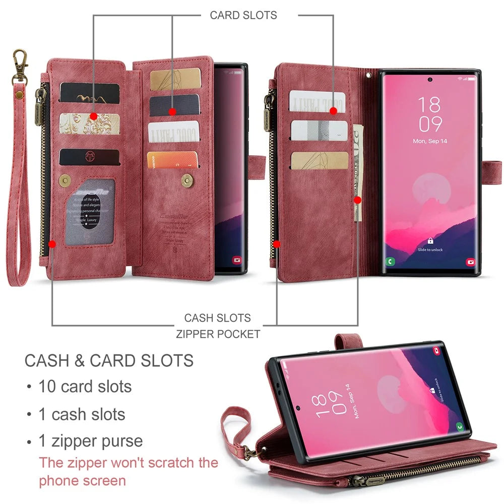 CASEME For Samsung Galaxy S25 Ultra Phone Cases with Strap  C30 Zipper Multiple Card Holder PU Leather Cover - Red - 6