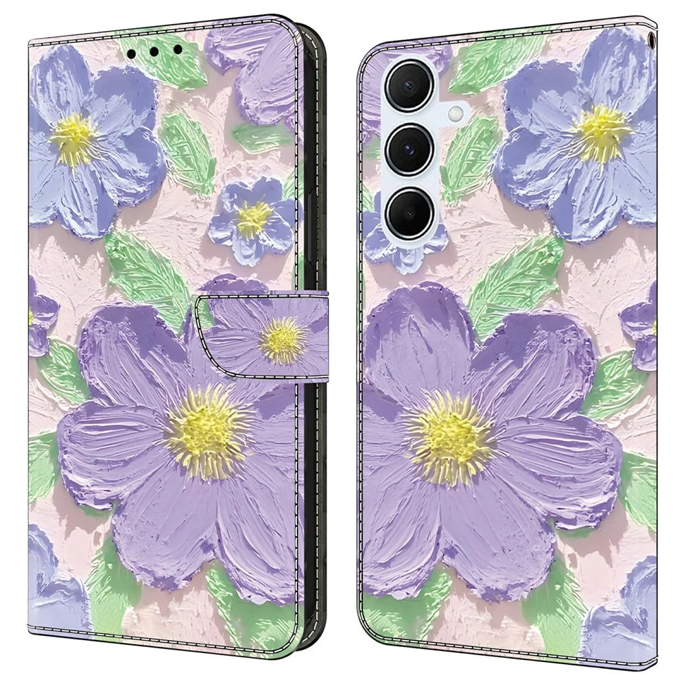 For Samsung Galaxy A16 5G  /  4G Case Pattern Printing Anti-Drop Leather Flip Wallet Phone Cover - Oil Painting Purple Flowers - 1