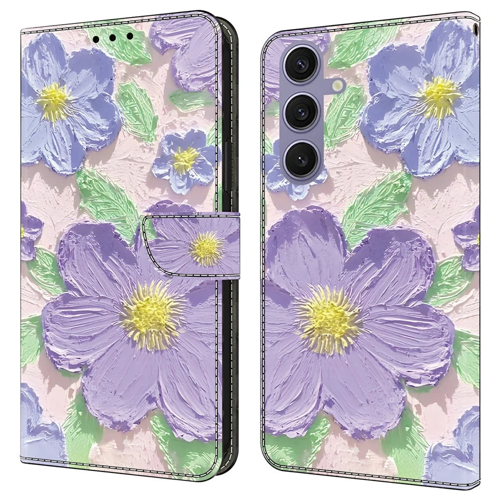 For Samsung Galaxy S25+  /  S24+ Case Pattern Printing Anti-Drop Leather Flip Wallet Phone Cover - Oil Painting Purple Flowers - 1