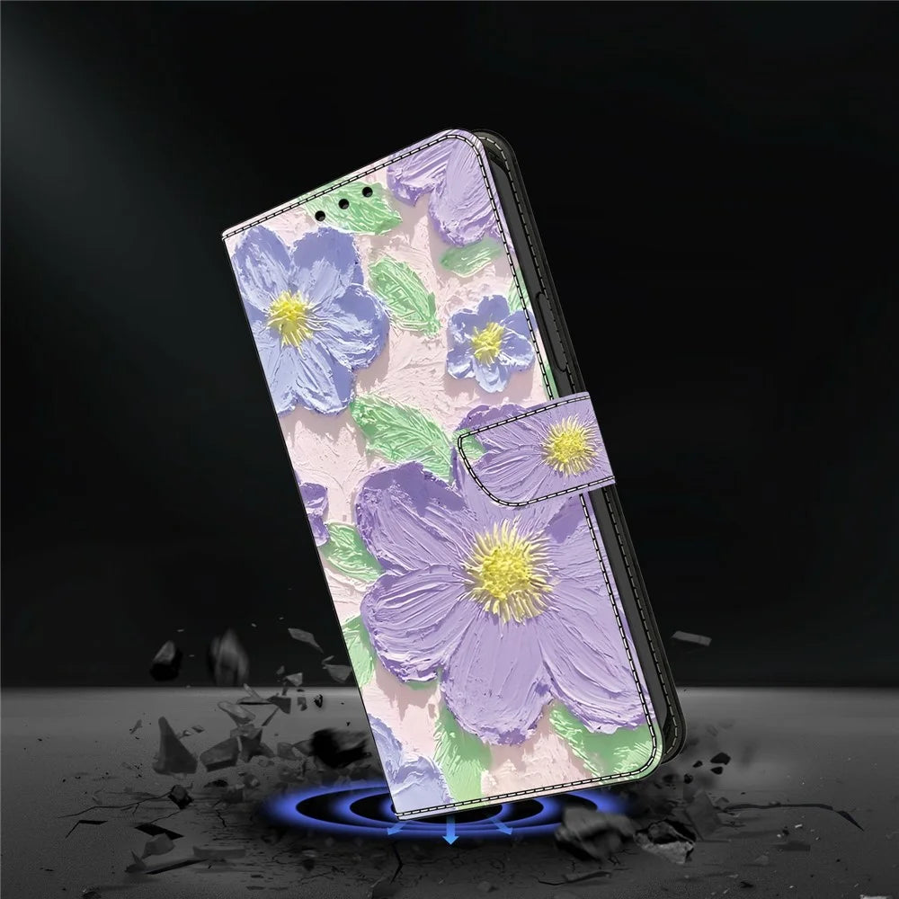 For Samsung Galaxy S24 FE Case Pattern Printing Anti-Drop Leather Flip Wallet Phone Cover - Oil Painting Purple Flowers - 5