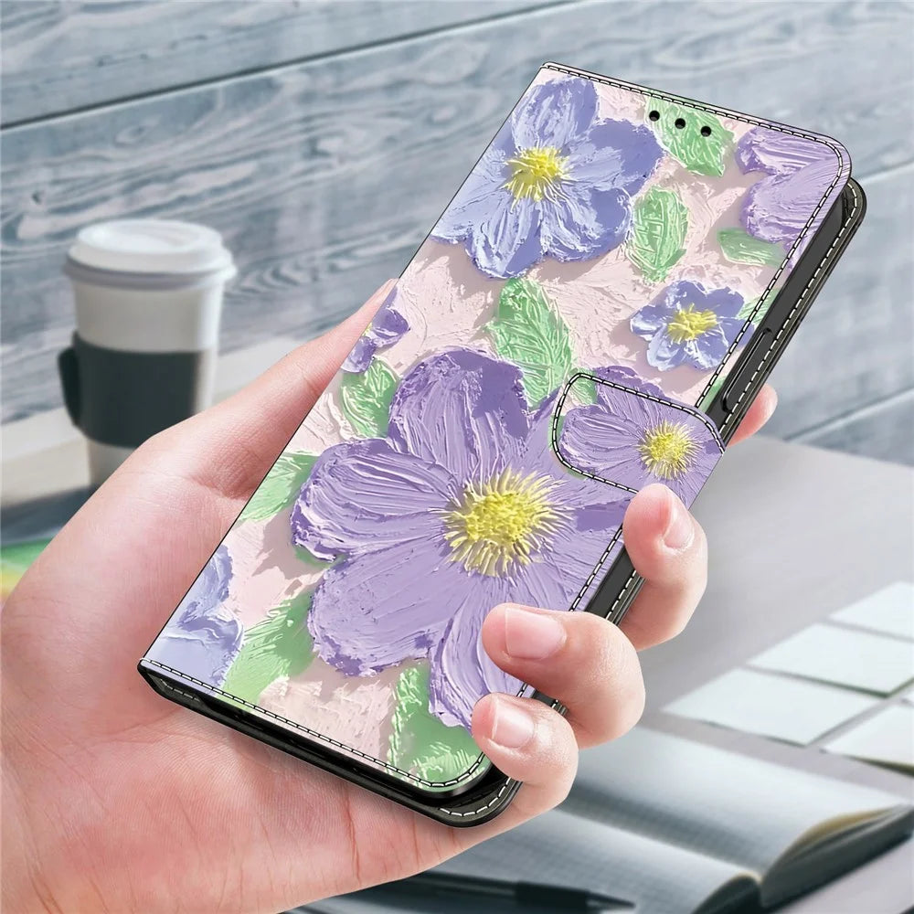 For Samsung Galaxy S24 FE Case Pattern Printing Anti-Drop Leather Flip Wallet Phone Cover - Oil Painting Purple Flowers - 6