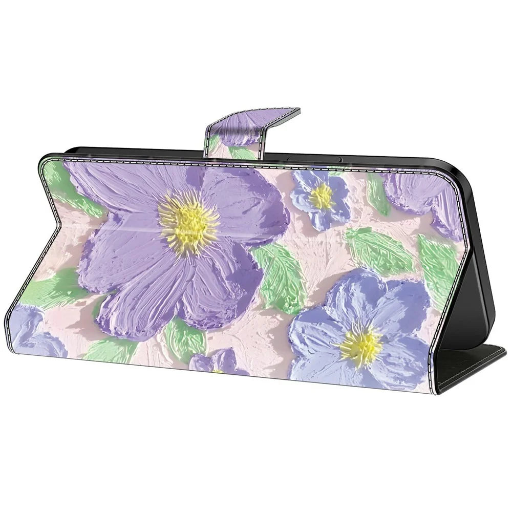 For Samsung Galaxy A35 5G Case Pattern Printing Anti-Drop Leather Flip Wallet Phone Cover - Oil Painting Purple Flowers - 4