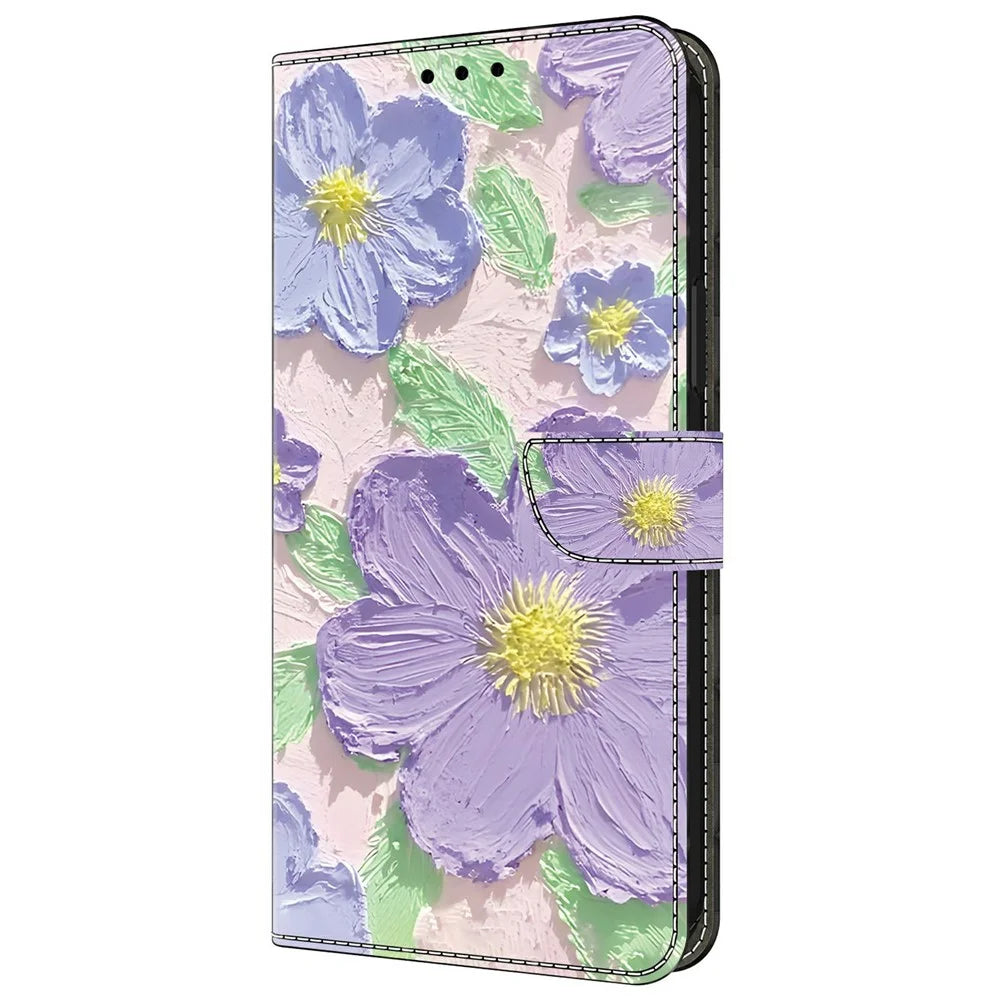 For Samsung Galaxy A35 5G Case Pattern Printing Anti-Drop Leather Flip Wallet Phone Cover - Oil Painting Purple Flowers - 7