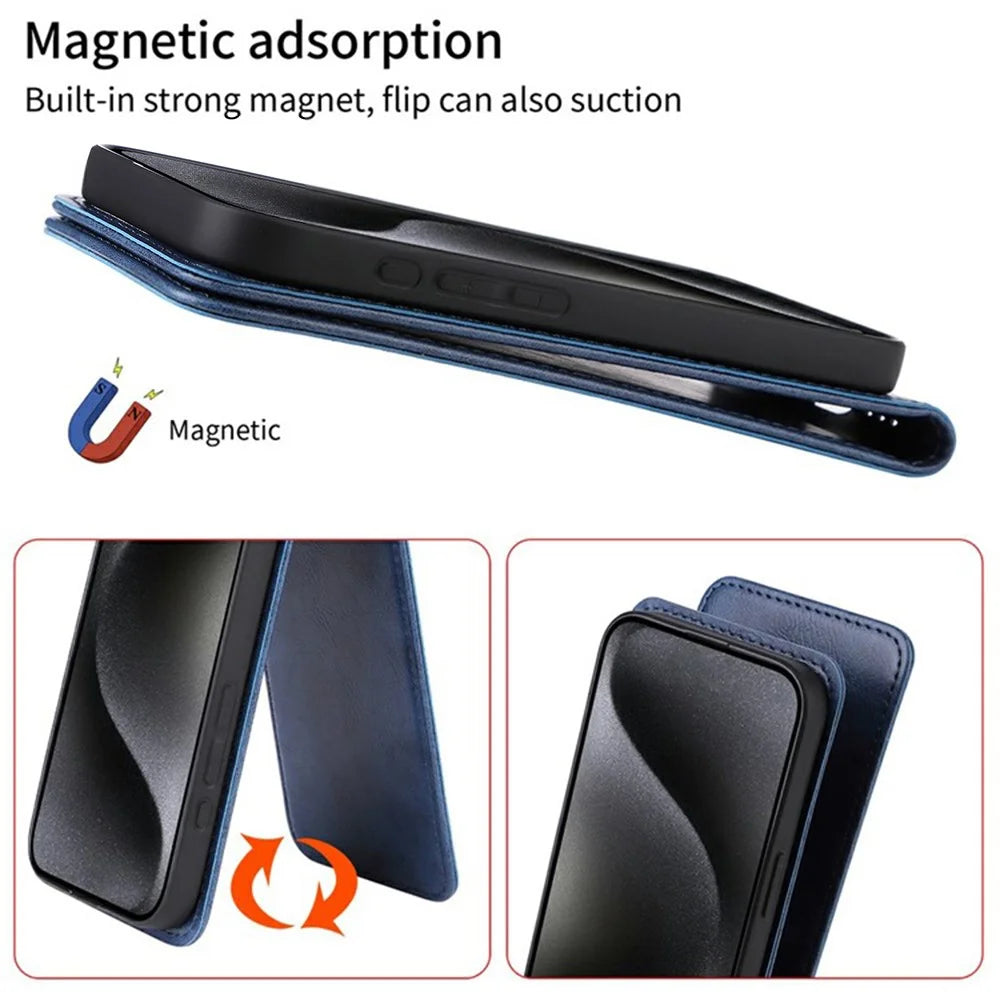For iPhone 16 Pro Max Case with Card Slot Magnetic Vertical Flip Leather Phone Cover - Black - 6