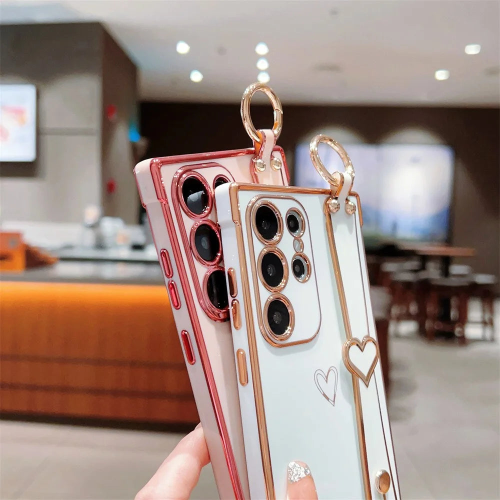 For Samsung Galaxy S24 Ultra Case Electroplated Heart Pattern TPU Phone Back Cover with Wristband Kickstand - Pink - 6