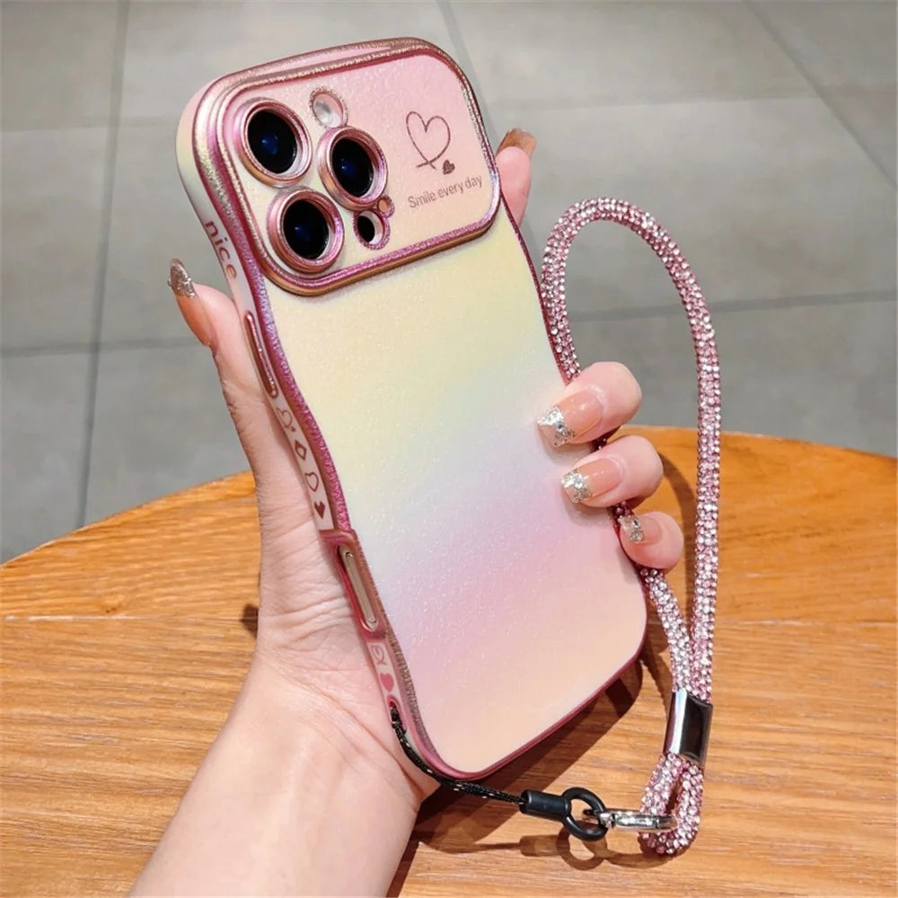 For iPhone 16 Pro Max Case with Strap TPU Phone Back Cover Dazzling Design Curly Shape Love Heart - Colorful Pink - 1