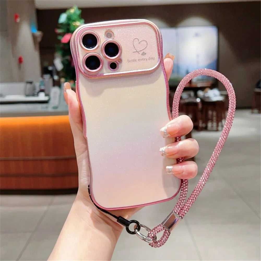 For iPhone 16 Pro Max Case with Strap TPU Phone Back Cover Dazzling Design Curly Shape Love Heart - Colorful Pink - 2