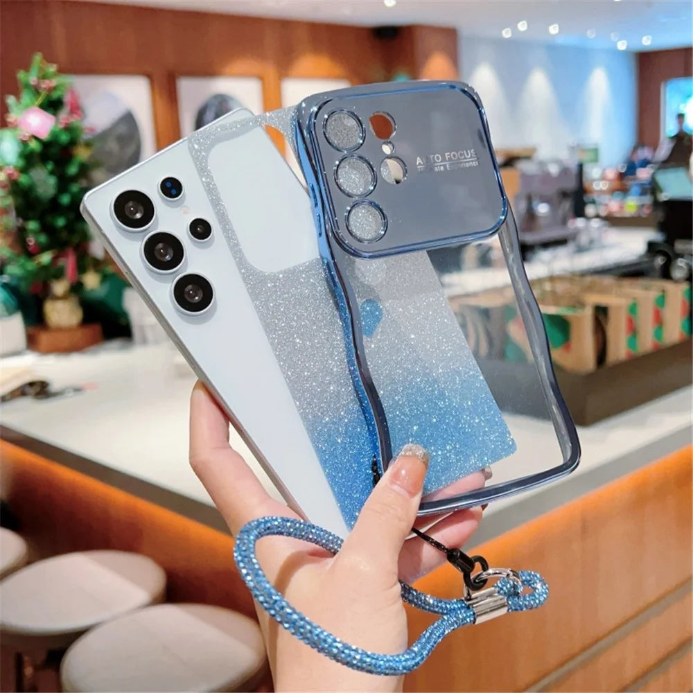 For Samsung Galaxy S24 Ultra Case with Strap Electroplating TPU Phone Cover Love Heart Gradient Glitter - Blue - 3