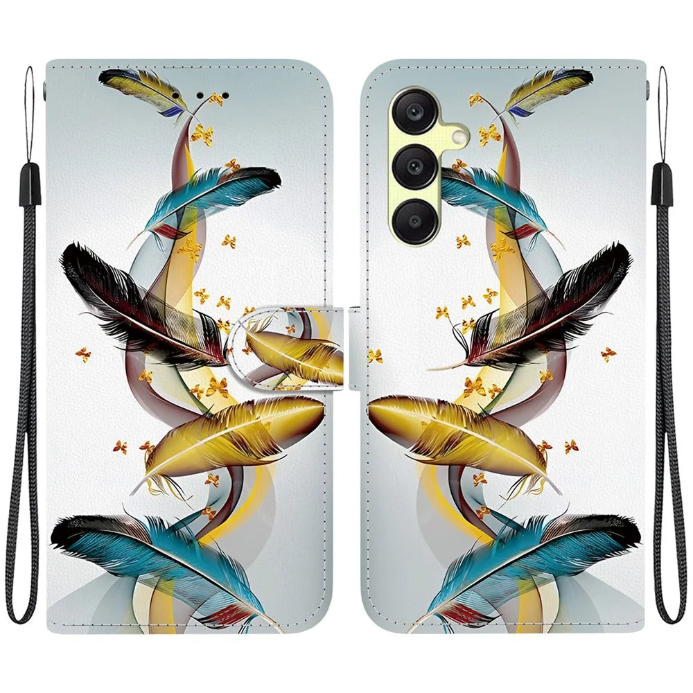 For Samsung Galaxy A25 5G (Global) (161.0 x 76.5 x 8.3mm) Case Pattern Printing Leather Wallet Phone Cover with Lanyard - Golden Butterfly Feather - 1