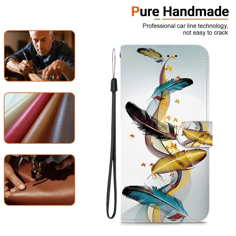 For Samsung Galaxy A25 5G (Global) (161.0 x 76.5 x 8.3mm) Case Pattern Printing Leather Wallet Phone Cover with Lanyard - Golden Butterfly Feather - 6