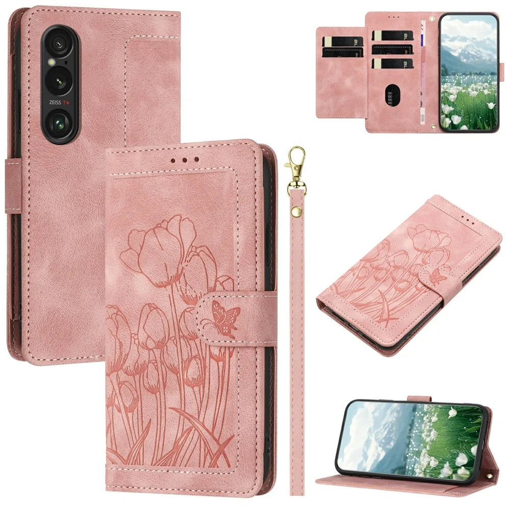 For Sony Xperia 1 VI Tulip Leather Case Phone Cover with 5 Card Slots Wallet - Pink - 1