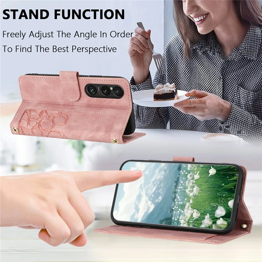 For Sony Xperia 1 VI Tulip Leather Case Phone Cover with 5 Card Slots Wallet - Pink - 4