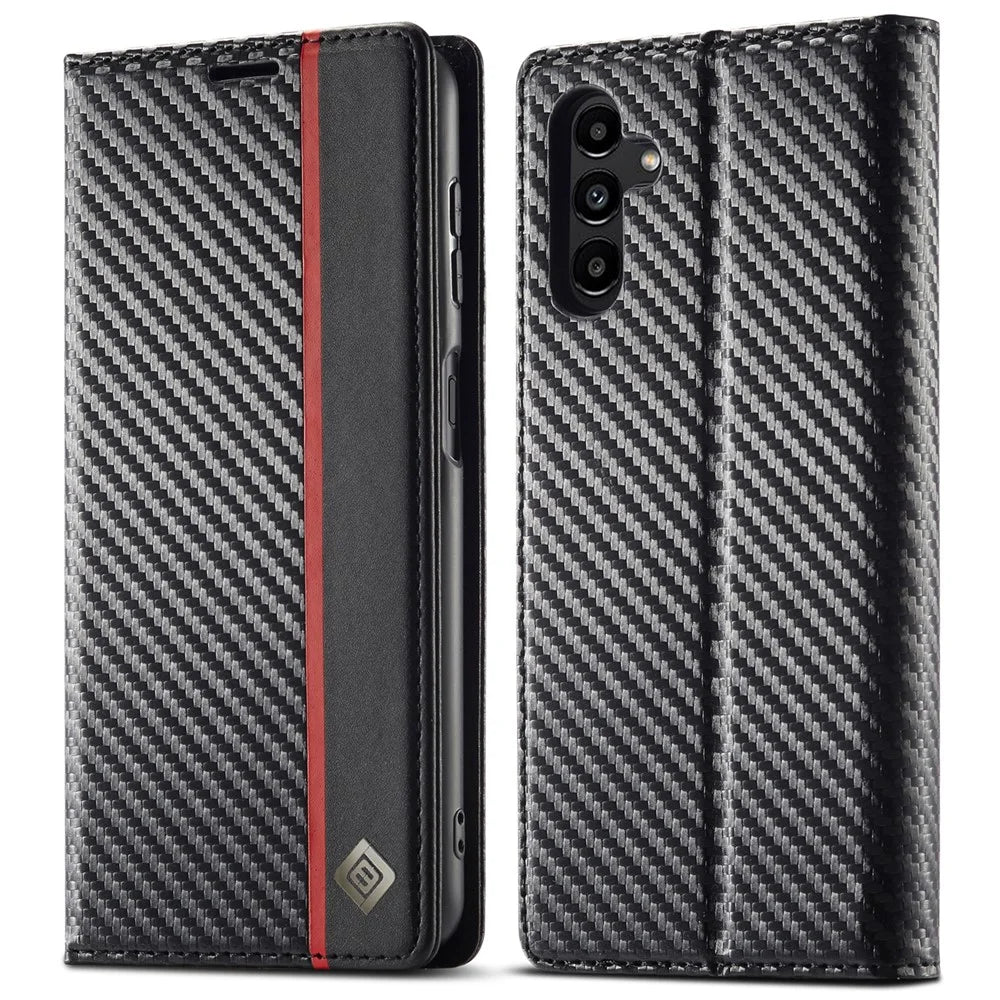 LC.IMEEKE For Samsung Galaxy A26 5G Case Carbon Fiber Texture Phone Cover Stand Card Holder - Vertical Stripe - 1