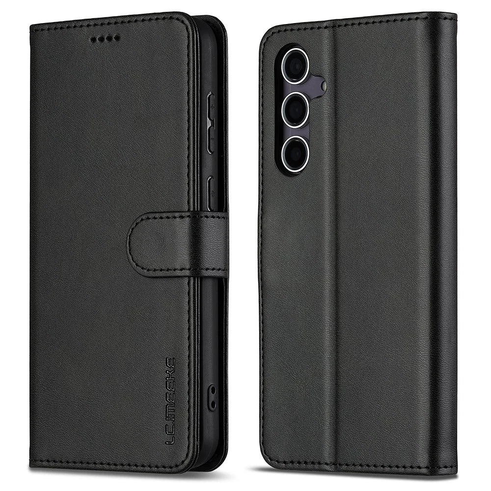 LC.IMEEKE For Samsung Galaxy A56 5G Case Calf Texture PU Leather Stand Wallet Phone Cover - Black - 1