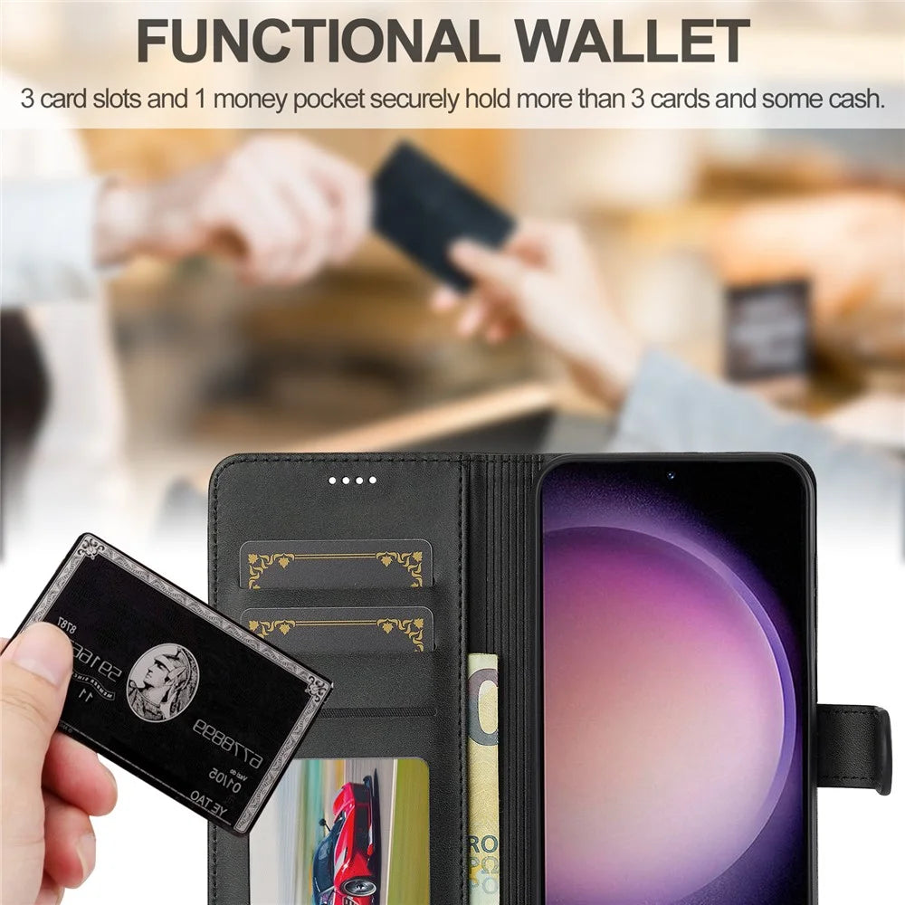 LC.IMEEKE For Samsung Galaxy A56 5G Case Calf Texture PU Leather Stand Wallet Phone Cover - Black - 5