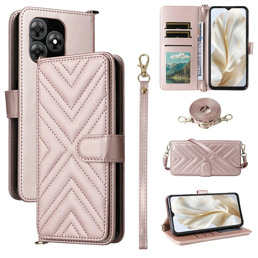 For Blackview Wave 8C Wallet Case with Shoulder / Wrist Strap Leather Phone Cover Stand - Pink - 1