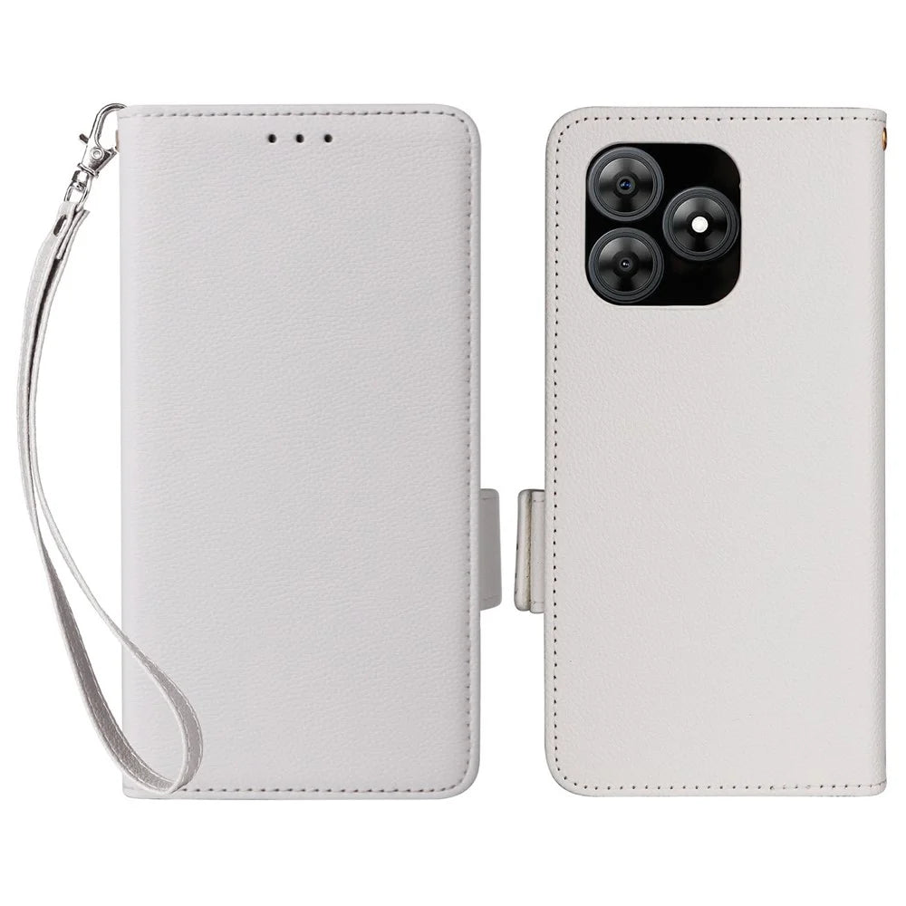For Blackview Wave 8C Case with Wrist Strap Litchi Texture PU Leather Wallet Phone Cover - White - 1