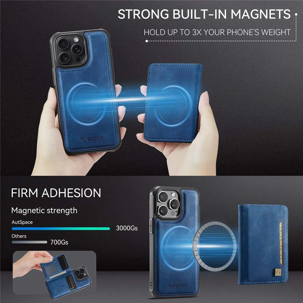AUTSPACE For iPhone 12 Pro 6.1 inch / iPhone 12 6.1 inch Case  A13 Vintage Leather Back Cover with Magnetic Detachable Card Bag - Blue - 7